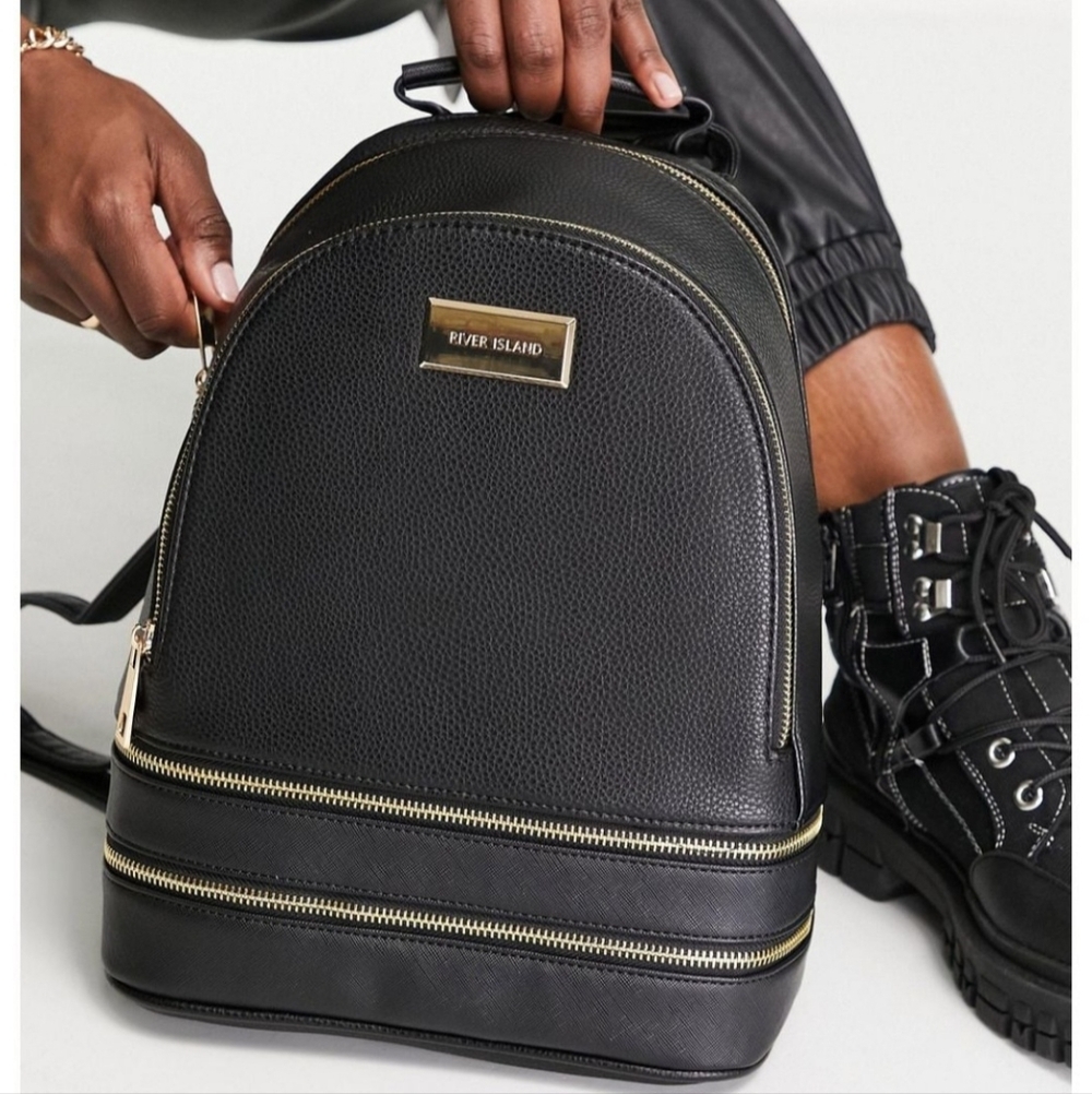 Black & Gold Faux Leather River Island Mini Backpack